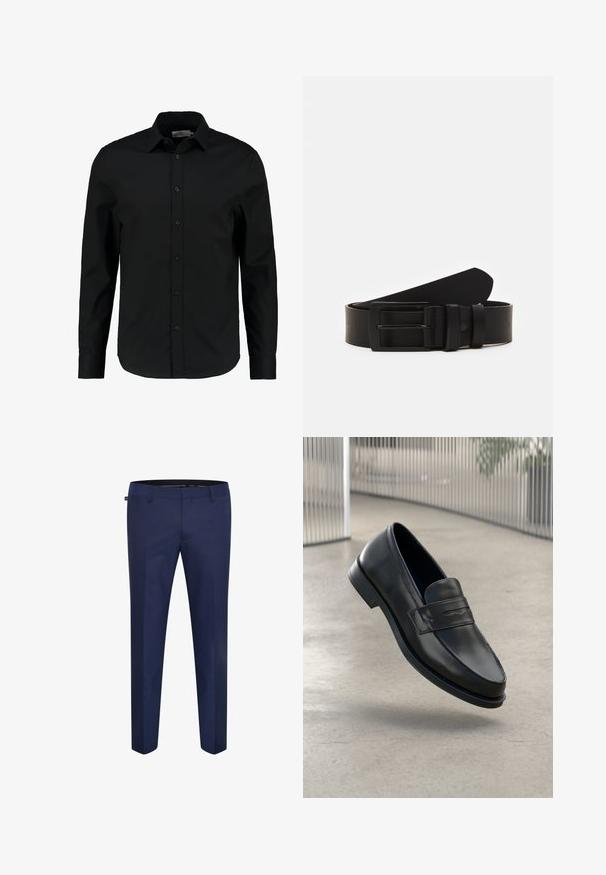 Camisa negra de manga larga hecha de tela suave, con botones en la parte delantera, cuello puntiagudo y un corte entallado con un dobladillo curvado.; Pantalones de corte entallado en azul marino, confeccionados con una tela suave, con un diseño de frente plano y sin bolsillos o adornos visibles.; Mocasín de cuero negro con textura suave, punta puntiaguda y una correa decorativa a lo largo del empeine. Suela ligera, diseño minimalista.; Cinturón de cuero negro enrollado con una hebilla metálica rectangular negra mate y dos trabillas sobre un fondo blanco.