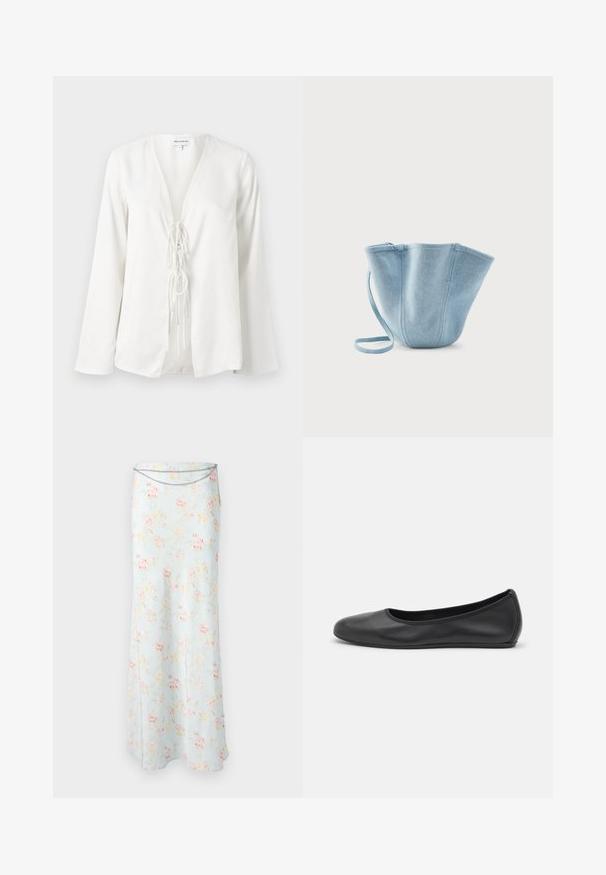 Hvid bluse med dyb V-udskæring, lange ærmer og en frontknude detalje. Fremstillet af et glat, let materiale med en afslappet pasform.; Rabanne Maxinederdele - pink/blue/green/yellow; Sort læderballetsko med rund tå, glat tekstur, minimal syning og et fleksibelt såldesign.; Lyseblå stofhåndtaske med lang strop, bred åbning øverst og stikninger i lodrette sømme, sat mod en ensfarvet hvid baggrund.