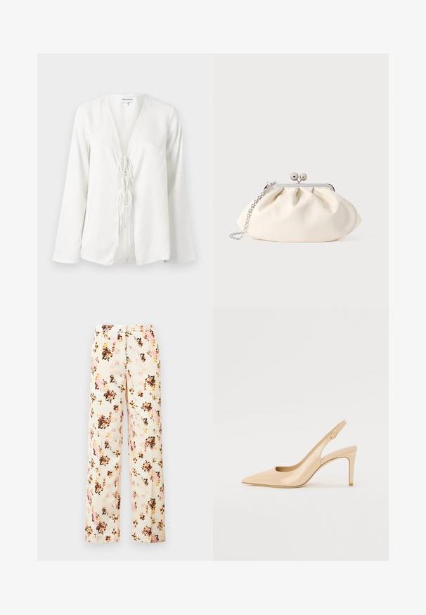 Blouse blanche avec un décolleté en V profond, des manches longues et un détail de nouage à l'avant. Fabriquée en tissu léger et lisse avec une coupe décontractée.; Pantalons larges à fleurs en crème, avec un mélange de fleurs roses, orange et noires. Tissu lisse avec une coupe décontractée et sans poches extérieures.; Escarpin slingback en cuir verni nude avec un bout pointu, un décolleté ouvert et un talon aiguille fin. Comprend un accent doré circulaire sur la sangle.; Pochette en tissu crème avec un design froncé, cadre en métal argenté, deux boules décoratives, et une bandoulière chaîne argentée.