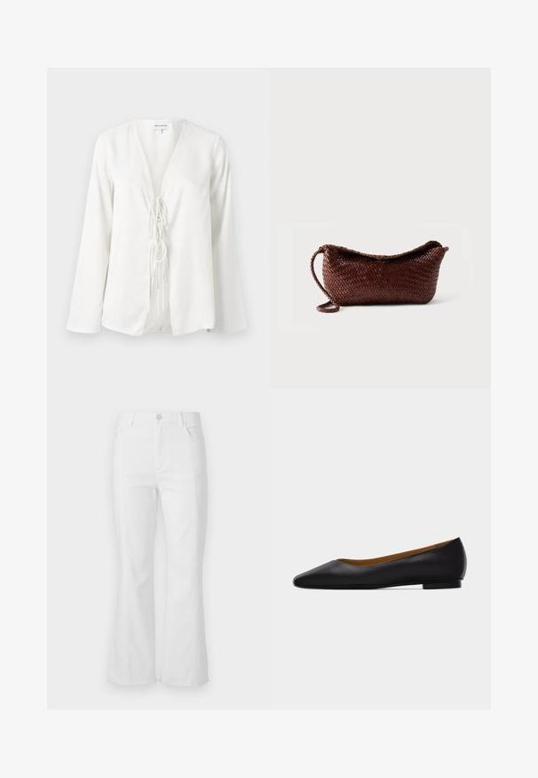 Hvid bluse med dyb V-udskæring, lange ærmer og en frontknude detalje. Fremstillet af et glat, let materiale med en afslappet pasform.; Hvide flare jeans med høj talje, forlommer og rå kant. Lavet af denim med en glat tekstur og minimal syninger.; Sort læder flad sko med spids tå, lav hæl og glat finish, vist fra siden på en lysegrå baggrund.; Brun flettet lædertaske med en enkelt rem og buet top mod en ensfarvet hvid baggrund.