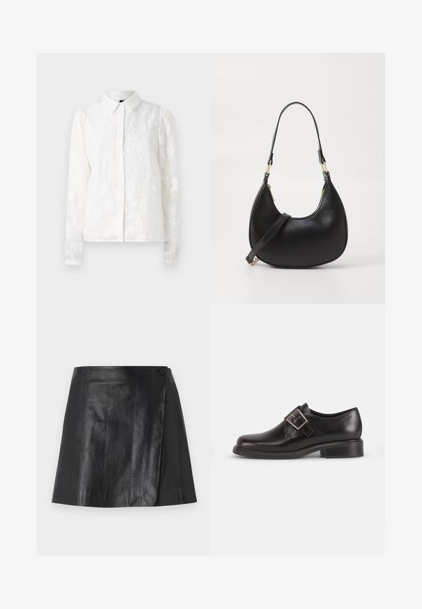 Pieces PCJALA SHIRT - Overhemdblouse - cloud dancer; Zwarte faux leren mini rok met een wikkelvoorkant, bevestigd met een knoop aan de rechterkant, gladde textuur en een lichte glans.; Zwarte lederen dresscode schoenen met een afgeronde neus, een zijriem met gespsluiting en een gestructureerde zool, tegen een eenvoudige witte achtergrond.; Zwarte leren handtas met een gebogen vorm, uitgerust met een bovenste ritsluiting, een kort handvat en een afneembare schouderband. Gouden hardware accenten.