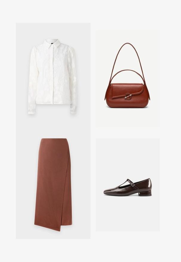 Pieces PCJALA SHIRT - Chemisier - cloud dancer; Jupe longue marron en tissu lisse avec une silhouette droite. Présente une fente sur le côté pour faciliter les mouvements. Design uni sans motifs.; Chaussures Mary Jane en cuir verni marron avec un bout arrondi, un design ajouré et une bride réglable. Talon bas bloc.; Sac à bandoulière en cuir marron de forme rectangulaire arrondie, rabat asymétrique, fermoir circulaire argenté et deux fines bretelles.