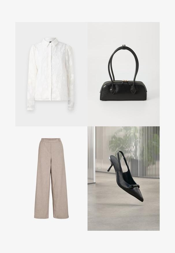 Pieces PCJALA SHIRT - Skjortebluser - cloud dancer; Beige brede bukser lavet af letvægtsstof. Har en glat tekstur, en tætsiddende talje og sidelommer for funktionel detaljer.; Sort tekstureret læder slingback højhælet sko med spids tå og lille dekorativ spænde, svævende over en glat gulv.; Sort læder håndtaske med to langstrakte håndtag, lynlåslukning og afrundet form; glat tekstur med en subtil blank finish.
