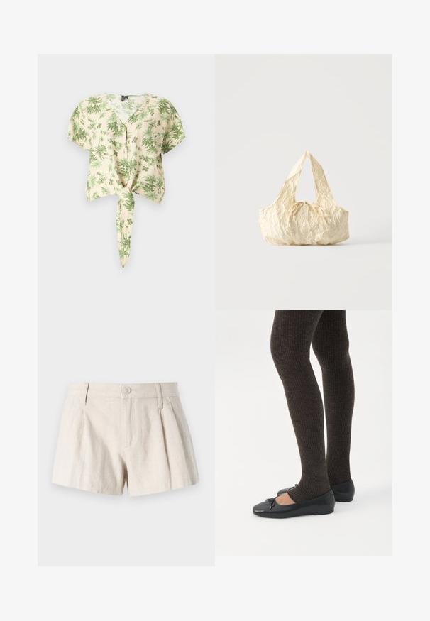 Kortærmet, beige skjorte med grønne bladmønstre, der har knaplukning foran og bunddetalje med knude. Fremstillet af letvægtsstof.; Linning shorts i en lys beige farve med plisseret design, frontknaplukning og en glat, struktureret finish.; Ben iført mørke ribbede leggings kombineret med sorte balletsko med små sløjfedetaljer på hvid baggrund.; Håndtaske i cremefarvet tekstureret stof med top-håndtag og en lille bundet sløjfe-detalje midt foran.