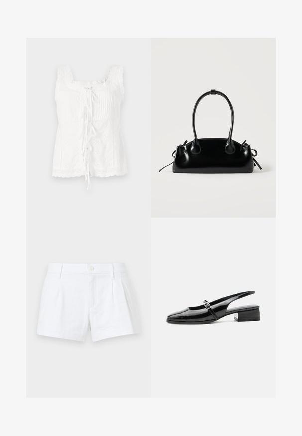 Witte mouwloze top met plooien, kant trim en een strik aan de voorkant. De stof heeft geborduurd detail en een gegolfde zoom.; Witte linnen shorts met plooien, een knoopsluiting en zijzakken. Heeft een tailormade snit en een gladde textuur.; Zwarte lakleren slingback schoen met een lage blokhak en een dunne band met zilveren gesp bovenop.; Kleine zwarte glanzende handtas met twee lange hengsels en zijkant trekkoord details op een effen lichte achtergrond.