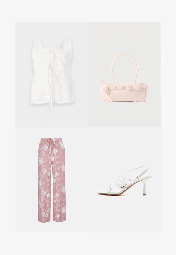 Haut sans manches blanc avec des plis, une bordure en dentelle et un nœud à l'avant. Le tissu présente des détails brodés et un ourlet festonné.; Pantalon rose à jambes larges avec broderie florale blanche et taille à cordon, présenté sur un fond uni.; Sandale blanche à talons hauts avec fines brides, accents argentés, bout carré et talon fin de hauteur moyenne sur fond blanc uni.; Sac à main rectangulaire rose pâle avec double poignée, nœud décoratif, œillets métalliques et petit charm en forme de cœur sur un fond uni.