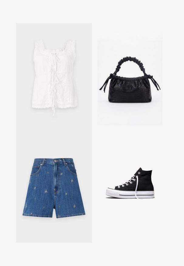 Weißes ärmelloses Top mit Falten, Spitzenbesatz und Krawattenverschluss. Der Stoff hat gestickte Details und einen gewellten Saum.; Jeansshorts in mittelblau mit gestickten Blumen- und Schmetterlingsmustern. Verfügt über das klassische Fünf-Taschen-Design und einen Knopfverschluss.; Schwarzer High-Top-Canvas-Sneaker mit weißer Gummisohle und weißen Schnürsenkeln, seitlich dargestellt vor weißem Hintergrund.; Schwarze Handtasche mit Krokodilstruktur, gerafftem oberen Rand, zusammengezogenem Griff und Zugkordeln mit Quasten an jeder Seite vor weißem Hintergrund.