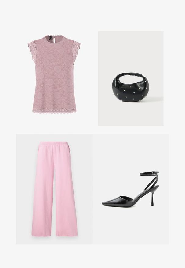 Mouwloze stofroze kanten blouse met bloemmotieven, getande randen en een klein sleutelgat met knoopsluiting bij de achternek.; Roze wijde broek gemaakt van zachte stof met een elastische tailleband en zijzakken. Heeft een recht, vloeiend model.; Zwarte pumps met puntige neus, dunne enkelbandjes en een zilveren gesp op een effen lichte achtergrond.; Zwarte leren handtas met een afgeronde vorm, versierd met zilveren studs, en een korte handgreep. Gladde textuur en ritsluiting.