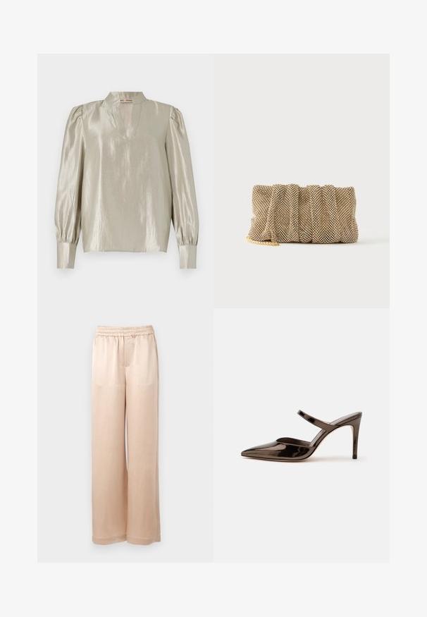 Blouse gris clair avec une finition brillante, dotée d'un col haut, d'un plastron en V et de manches longues froncées avec des poignets ajustés.; Pantalons larges de couleur beige clair en tissu lisse avec une taille élastique et des coutures minimales, présentant une coupe droite et sans poches.; Mule à talon haut marron foncé brillant à bout pointu avec une fine bride sur le coup de pied sur fond blanc uni.; Petit sac pochette en maille dorée avec un design froncé et une bandoulière chaîne dorée partiellement visible sur un fond blanc uni.