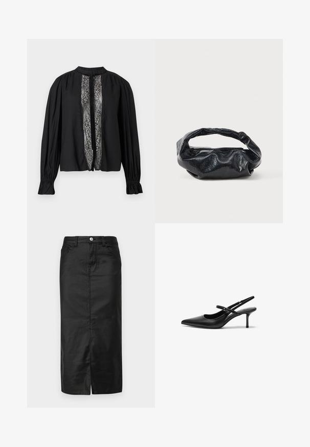 Blouse noire à manches longues avec poignets froncés, col montant, et panneau vertical en dentelle florale avec ruban en velours noué au centre devant.; Jupe midi en denim noir avec fente avant, design à cinq poches et fermeture à bouton en métal. Texture lisse et forme classique droite.; Talons aiguilles noires en cuir avec un bout pointu, une fine bride réglable, et un talon aiguille d'environ 5 cm, texture lisse.; Sac noir en matériau texturé et brillant avec une poignée circulaire torsadée et une fermeture éclair. Présente un design doux et froissé.