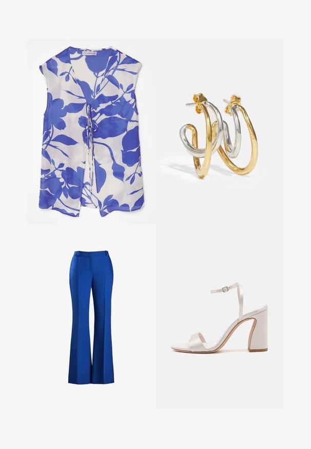 Blusa sin mangas floral en tejido transparente, con un patrón azul sobre un fondo blanco, escote en V y detalles de lazo en la parte delantera.; Pantalones azules acampanados hechos de tejido texturizado, con una cintura ajustada y detalle de plisado en la parte delantera, adecuados para ocasiones formales o informales.; Sandalia blanca con tacón, acabado satinado, puntera abierta y delgada correa en el tobillo. Cuenta con un tacón cuadrado y dos bandas frontales para mayor soporte.; Pendientes de aro entrelazados en oro y plata con acabados suaves y brillantes; cuentan con un cierre de presión para un uso seguro.
