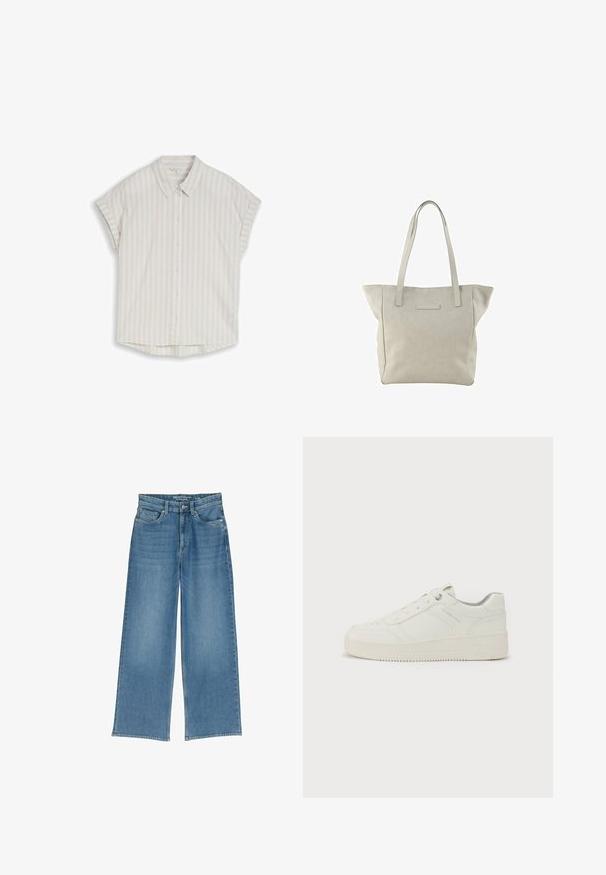 Lyse beige kortærmet skjorte med tynde lodrette hvide striber og klassisk krave, størrelse small, fladt på hvid baggrund.; Lyseblå jeans med bred benvidde og høj talje, fem lommer og synlig syning; stoffet har en let struktureret overflade.; Hvide sneakers med en glat læderoverflade, rund tå, seks snørrehuller, polstret krave og struktureret gummisål. Diskret mærkelogo på siden.; Beige tote bag med en tekstureret corduroy-overflade, der har to lange, flade håndtag og en syet rektangulær accent på forsiden.