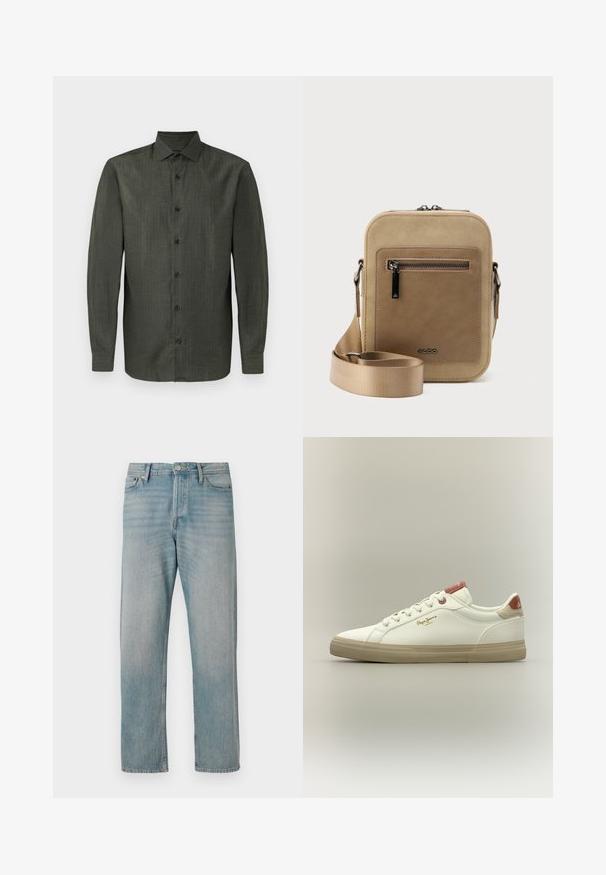 Olivgrünes Langarmhemd mit Knopfleiste, klassischem Kragen und sieben schwarzen Knöpfen auf der Vorderseite.; Helle blaue Denim-Jeans mit geradem Bein haben fünf klassische Taschen, einen Knopfverschluss und dezente Auswaschungen für Struktur.; Weißer Sneaker mit niedrigem Schaft, beiger Sohle, braunen Akzenten an Ferse und Zunge und „Pepe Jeans London“-Logo an der Seite.; Kleine beige Umhängetasche mit vorderer Reißverschlusstasche, metallischem ALDO-Logo, verstellbarem breitem Riemen und abgerundeter rechteckiger Form vor weißem Hintergrund.
