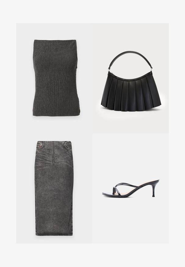 Donkergrijs, geribbeld, mouwloos buis-topje met een rekbare textuur, plat weergegeven tegen een witte achtergrond.; Grijze denim midi-rok met verticale streepjes, voorzien van een hoge taille, vijf-pocket ontwerp en een nette zoom.; Zwarte laklederen sandaal met hakken, dunne gekruiste bandjes en een slanke, middelhoog stilettohak op een witte achtergrond.; Zwarte geplooide handtas van synthetisch leer, met een gebogen handvat en bovenste ritssluiting. Gladde textuur met gestructureerd ontwerp.