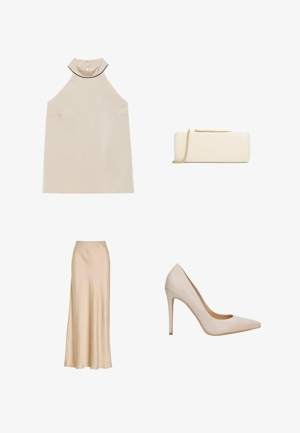 Haut halter sans manches beige en tissu lisse avec un col haut et une fermeture éclair au dos, présentant un design minimaliste et sans motifs visibles.; Jupe longue en satin beige avec une taille haute et un tissu fluide et lisse s'étendant jusqu'au sol.; Escarpin à talons hauts en cuir beige avec un bout pointu, une texture lisse et un talon aiguille élancé. Design minimaliste sans ornements supplémentaires.; Pochette rectangulaire crème avec une fermeture à barre dorée et une bandoulière chaîne tressée en or sur fond blanc.