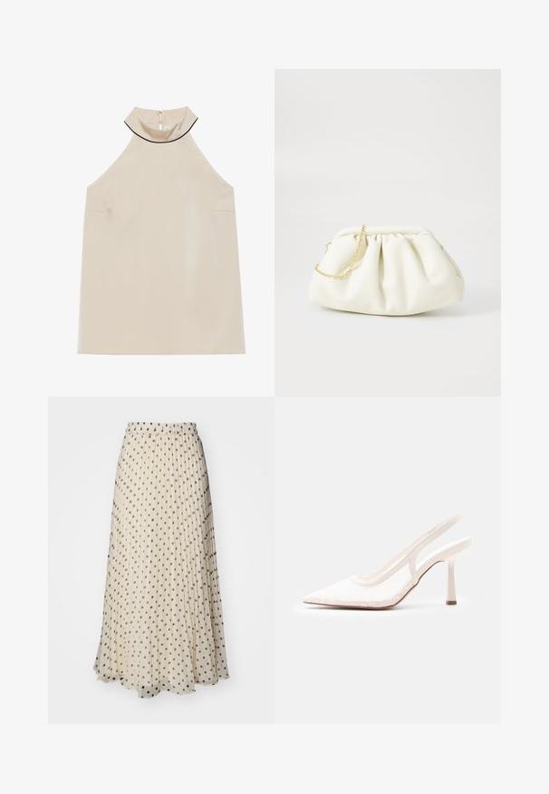Beige, ærmeløs halterneck-top i glat stof med høj krave og lynlås bagpå, der har et minimalistisk design uden synlige mønstre.; Plisseret maxiskørt i cremefarvet stof med jævnt fordelte mørke polka-dots. Elastisk taljebånd for komfort og en let svajende kant.; Hvid spids tå slingback højhælet sko med blonder og meshoverdel samt slank hæl på enkel lys grå baggrund.; Hvid læderhåndtaske med en samlede design, forsynet med en guldkæde-strop og en rund form. Glat tekstur med bløde folder og ingen mønstre.