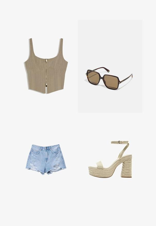 Beige ærmeløs crop-top med fine striber, foran lynlås og firkantet udskæring.; Lyseblå denimshorts med frynsetkant og slidte detaljer, med forlommer og knaplukning.; Beige flettet platåsandal med ankelrem, blokhæl og åben tå, designet til kvinder.; Brune solbriller med firkantet form og skildpadde-mønster. Udstyret med robuste hængsler og diskret branding på stængerne.