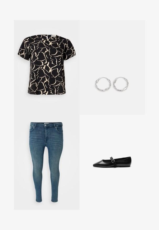 ONLY Carmakoma CARVICA LIFE - Bluse - white/black; Slim fit jeans i mellemblå denim med en glat overflade, fem-lomme design, bæltestropper og en knaplukning i taljen.; Sorte flade sko lavet af læder med spidse tæer, justerbar rem med metalspænde, glat tekstur og minimalistisk design.; Sølv hoops med en bølget, uregelmæssig tekstur. Har en tynd, cirkulær form og en reflekterende finish.