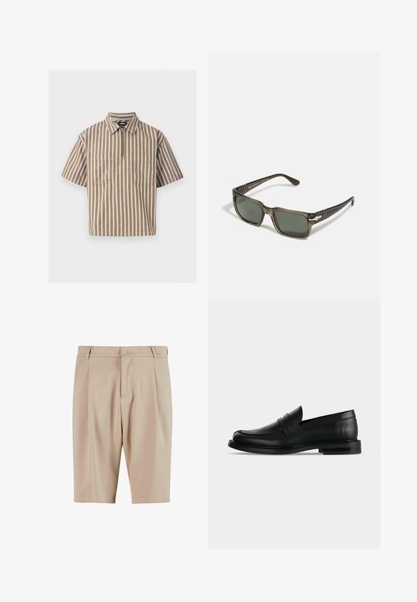Chemise marron à manches courtes avec des rayures verticales blanches, un col, deux poches avant et une fermeture éclair partielle à l'avant.; Shorts beige ajustés avec plis, dotés d'une fermeture à bouton et d'un design classique. Texture lisse, coupe longueur genou, sans poches visibles.; Mocassin penny pour homme en cuir noir avec talon bas empilé et bout arrondi, vu de profil sur fond gris clair.; Lunettes de soleil rectangulaires marron avec des verres vert foncé. Présentent des branches noires à motifs et des accents métalliques sur les côtés. Monture en plastique légère.