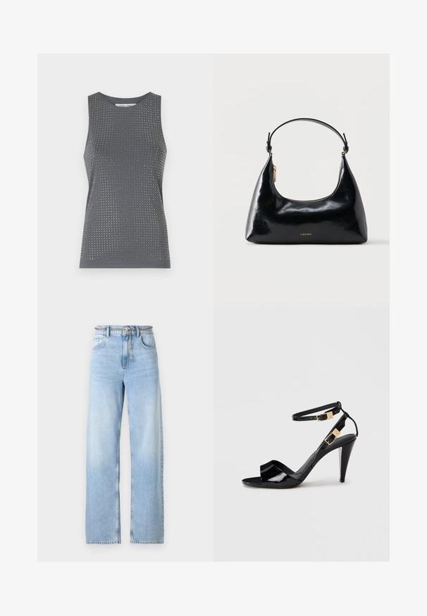 Grå ærmeløs top med rund hals, der har et struktureret mønster af små huller og sølvdetaljer i stoffet.; Lysblå vide jeans lavet af denim, med højt liv, forlommer og en kædebælteaccent. Glat tekstur med let falming.; Sorte patentlæder højhælede sandaler med dobbelte ankelremme og guldspænder, åben tå og slank taperet hæl på neutral baggrund.; Sort blank Calvin Klein håndtaske med gyldent lynlås og kort rem mod en ensfarvet hvid baggrund.