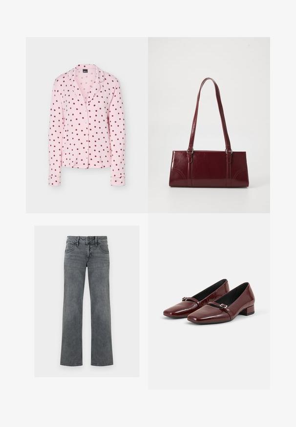 Lyserød langærmet pyjamasbluse med mørkerøde polkaprikker, knaplukning foran og en notched krave.; Grå denimjeans med lige ben, lynlås og knap foran samt fem-lomme-design, vist mod en hvid baggrund.; Par skinnende mørkerøde lavhælede sko med en lille spænde-rem over toppen, placeret på en ensartet lys grå baggrund.; Bordeaux håndtaske lavet af glansfuldt materiale, rektangulær form, med to skulderremme og subtile buede detaljer på forsiden.