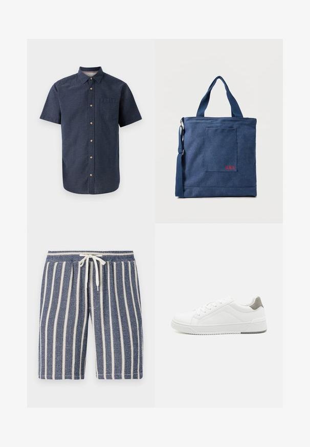 Chemise à manches courtes pour homme en tissu bleu foncé avec un motif texturé, col à boutons, fermeture devant à boutons et poche poitrine unique.; Shorts texturés bleu marine avec des rayures verticales blanches, taille élastique et détail à cordon de serrage. Design décontracté adapté aux temps chauds.; Basket blanche en cuir lisse, à bout arrondi, design minimaliste, accent de talon gris et semelle en caoutchouc texturé.; Sac fourre-tout en toile bleue avec poche frontale et broderie rouge "O.N.S", doté de doubles poignées et d'une bandoulière réglable.