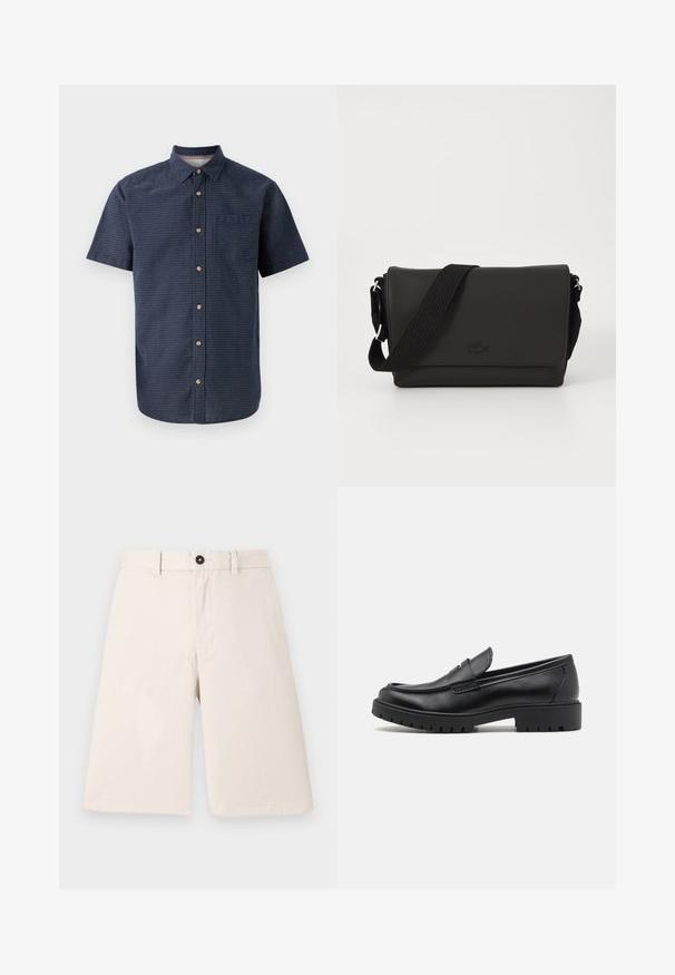 Chemise à manches courtes pour homme en tissu bleu foncé avec un motif texturé, col à boutons, fermeture devant à boutons et poche poitrine unique.; Shorts en coton beige au design droit, dotés d'une fermeture par bouton et de passants de ceinture. Texture lisse sans motifs ni accents.; Mocassins en cuir noir avec un bout arrondi, un design à enfiler et une semelle en caoutchouc épaisse avec une texture antidérapante. Talon surélevé et détails de surpiqûre subtils.; Lacoste MESSENGER BAG MEN CLASSIC - Sac bandoulière - noir