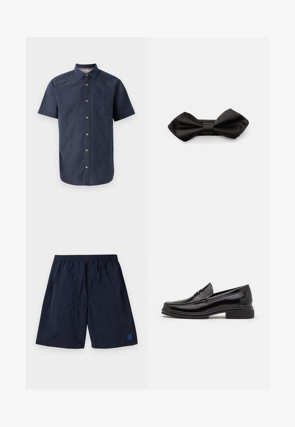 Chemise à manches courtes pour homme en tissu bleu foncé avec un motif texturé, col à boutons, fermeture devant à boutons et poche poitrine unique.; Shorts bleu marine en matériau léger avec une taille élastique et un petit logo carré GAP en bas à droite.; Mocassins en cuir noir avec un embout arrondi, présentant un détail cousu sur le dessus, et un petit talon carré. Texture lisse et finition brillante.; Nœud papillon en satin noir avec une texture lisse et un nœud central, présentant de grandes extrémités arrondies qui s'effilent au centre.