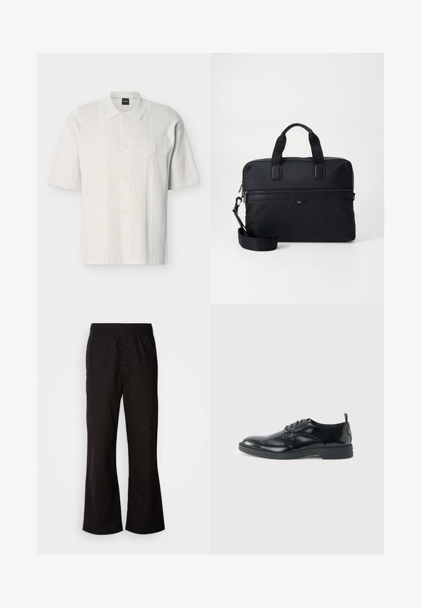 Hvid kortærmet strikket poloshirt med knapper foran, ribstribede lodrette striber, krave og et diskret præget logo på brystet.; Sorte bukser med elastisk talje og n tapered form, lavet af glat bomuldsstof. Har et enkelt design og lige benåbninger.; Blank sort læder dresssko med lav hæl, snørelukning og rund tå, vist fra siden på ensfarvet lys baggrund.; Sort nylon laptop taske med to håndtag, en aftagelig rem, en lynlås lomme og diskret branding. Tekstureret overflade med et elegant design.