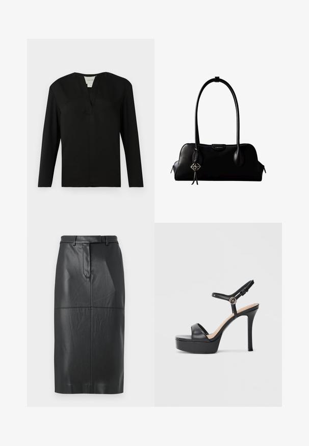 Haut noir à manches longues en tissu lisse. Présente un col en V et un design minimaliste avec une coupe droite et sans ornements.; Jupe crayon en simili cuir noir avec passants de ceinture, couture frontale et fermeture dissimulée, longueur genoux avec une finition lisse.; Sandales à plateforme noires avec un talon haut stilettos, dotées d'une tige en cuir lisse, d'un bout ouvert et d'une bride de cheville ajustable avec ferrures.; Sac à main en cuir noir Calvin Klein avec de longues anses, une étiquette logo à l'avant et un charme géométrique argenté suspendu à une anse.