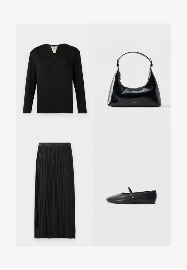Zwarte top met lange mouwen van een gladde stof. Heeft een notch halslijn en een minimalistisch ontwerp met een rechte snit zonder versieringen.; Zwarte geplooide midi-skirt met een elastische tailleband en herhalend Calvin Klein-logo in het wit.; Zwarte leren balletschoenen met een spitse neus, platte zool en een kleine strap met een zilveren gespsluiting.; Zwarte glanzende Calvin Klein handtas met gouden rits en korte band tegen een effen witte achtergrond.