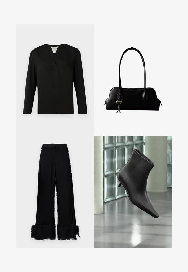 Μαύρη μπλούζα με μακριά μανίκια από λεία ύφανση. Διαθέτει λαιμόκοψη τύπου notch και μινιμαλιστικό σχέδιο με ίσια γραμμή και χωρίς διακόσμηση.; Μαύρο παντελόνι σε φαρδιά γραμμή με φρουδώτες άκρες, υφασμάτινη υφή, πλαινές σχισμές και διακοσμητικά κουμπιά στο τελείωμα. Ρυθμιζόμενη μέση.; Μαύρο δερμάτινο μποτάκι με μυτερή μύτη και μικρό τακούνι, παρουσιάζεται μπροστά σε τοίχο από γυάλινα τετράγωνα και γυαλισμένο δάπεδο.; Μαύρη δερμάτινη τσάντα Calvin Klein με μακριές λαβές, μπροστινή ετικέτα με το λογότυπο και ασημένιο γεωμετρικό γούρι που κρέμεται από τη μία λαβή.