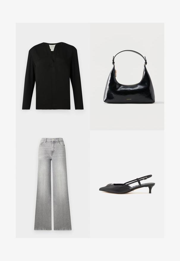Zwarte top met lange mouwen van een gladde stof. Heeft een notch halslijn en een minimalistisch ontwerp met een rechte snit zonder versieringen.; Grijze denim jeans met wijde pijpen en een vervaagde afwerking, voorzak en knoopsluiting. Heeft een rechte pijp en een klassieke zoom.; Zwarte slingback schoenen met een puntige neus, gemaakt van glad materiaal, met een kleine hak en een decoratieve zilverkleurige accent op de wreef.; Zwarte glanzende Calvin Klein handtas met gouden rits en korte band tegen een effen witte achtergrond.