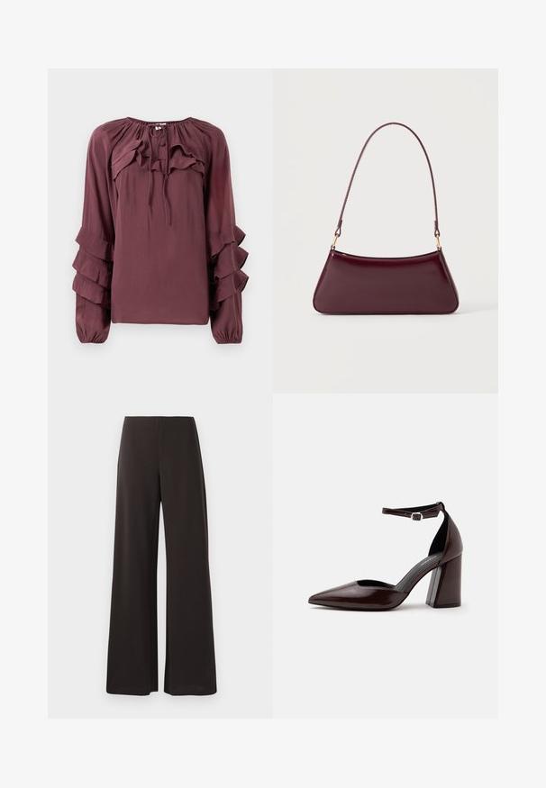 Blusa burdeos con mangas largas, que presenta acentos de volantes en capas y un escote fruncido. Confeccionada en una tela liviana con un acabado ligeramente texturizado.; Pantalones de pierna ancha negros, hechos de una tela suave y elástica. Presentan una cintura alta y un diseño limpio y minimalista sin cierres visibles.; Zapato de tacón alto de cuero marrón oscuro con punta puntiaguda, correa en el tobillo y hebilla plateada sobre fondo blanco.; Bolso brillante de color burdeos oscuro con un asa fina y única y una forma elegante de trapecio sobre un fondo claro y liso.