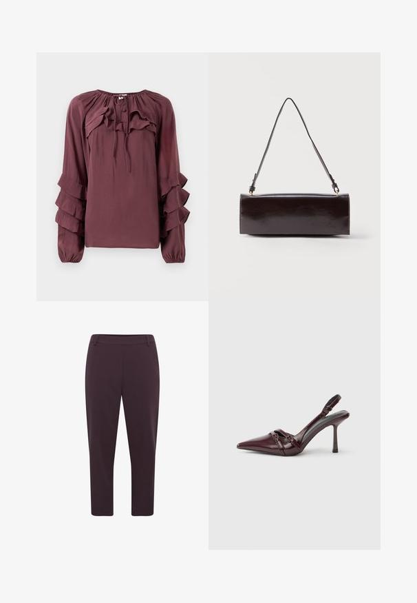 Blouse bordeaux à manches longues, avec des accents de volants superposés et un col froncé. Fabriquée en tissu léger avec une finition légèrement texturée.; Pantalon violet foncé avec une coupe droite, longueur raccourcie et tissu lisse. Il possède une taille plate et aucun système de fermeture visible.; Escarpin slingback en cuir verni bordeaux avec bout pointu, fine bride à la cheville et petit détail décoratif de boucle. Texture lisse et talon haut.; Sac à main rectangulaire en cuir noir avec une longue bandoulière unique et une finition brillante, présenté sur un fond blanc uni.