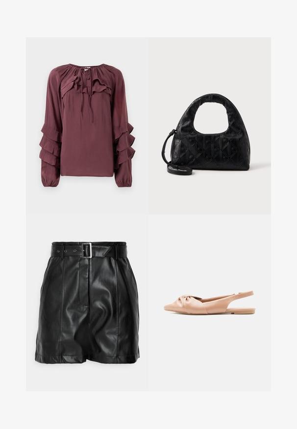 Bordeaux blouse met lange mouwen, met gelaagde ruches en een gathered halslijn. Gemaakt van lichtgewicht stof met een licht gestructureerde afwerking.; Zwarte leren shorts met een gladde textuur, hoge taille en een brede riem met een rechthoekige zilveren gesp. Geplooid ontwerp aan de voorkant.; Beige platte slingback sandaal met gedraaide knoopdetail aan de voorkant en open hielband, glad leren afwerking.; Zwarte leren handtas met een gebogen bovenhandvat, subtiel diamantenpatroon en een afneembare schouderband. De textuur is glad met geperste details.