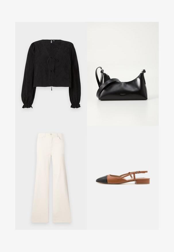 Zwarte cropped blouse met een V-hals, lange pofmouwen en een strikdetail aan de voorkant. Gestructureerde stof voegt diepte toe aan het ontwerp.; ONLY Wide-fit ONLMADISON High waist Wide Leg Fit - Wide leg - ecru; Steve Madden BELINDA - Slingback ballerina´s - brown/black; Zwarte leren handtas met een gladde textuur. Beschikt over een verstelbare schouderband en een strak, minimalistisch ontwerp met een ritssluiting.