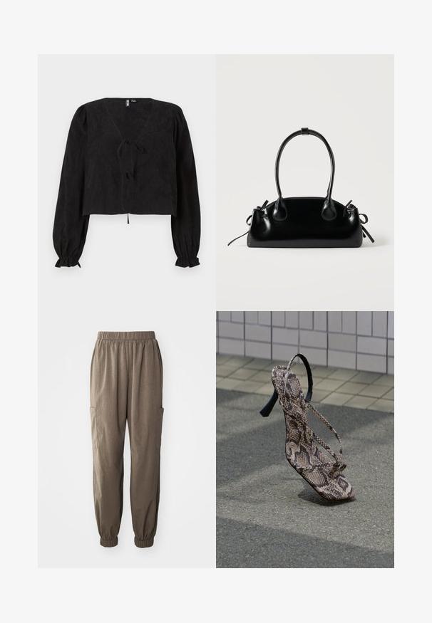 Sort cropped bluse med V-hals, lange pufærmer og et bindebånd foran. Den teksturerede stof giver dybde til designet.; Løs pasform cargo bukser i brunt stof, med elastisktalje, samlet manchetter og sidelommer for funktionalitet.; Højhælet sandal med slangeskindsprint og tynde stropper, stående på asfalt nær fliset brostensbelægning.; Lille sort blank håndtaske med to lange håndtag og snøre-detaljer i siden på en ensfarvet lys baggrund.