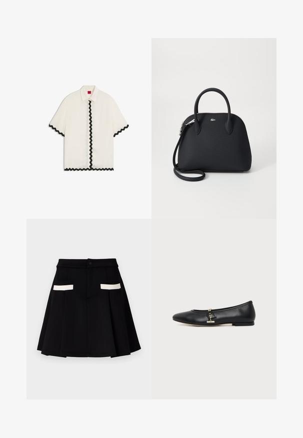 Hvid kortærmet bluse med sort bølget kant langs knaplinje, ærmekanter og sømkant, med klassisk krave og rød indvendig mærkat.; Sort nederdel med en udsvinget design, der har to frontlommer med hvide detaljer, en knaplukning, og en glat stoftekstur.; Sort læder flad sko med rundet tå og lille guldlåsdetalje på siden, vist på en ensfarvet lys baggrund.; Sort håndtaske lavet af tekstureret materiale, med to top håndtag og en aftagelig skulderrem, prydet med et sølv logo.