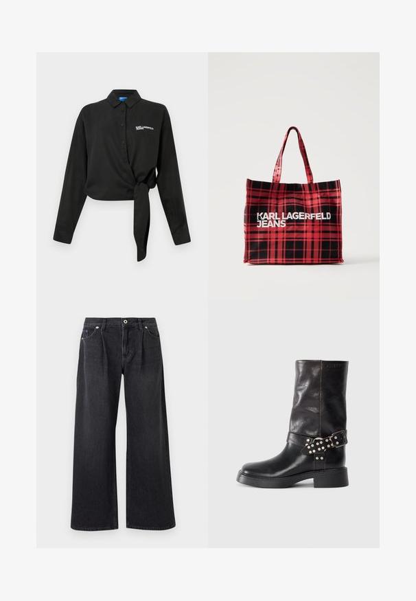 Chemise noire à manches longues avec un col, nouée à l'avant. Fabriquée en tissu lisse avec un logo brodé sur la poitrine gauche.; Jean noir à jambe large en denim, avec une fermeture à bouton sur le devant, deux poches avant et une finition épurée sans embellissements.; Bottines en cuir noir avec bout rond, talon épais et une sangle décorative ornée de boucles et de clous argentés. Texture lisse.; Sac cabas à carreaux rouge et noir avec deux anses, avec le texte blanc "KARL LAGERFELD JEANS" sur le devant.
