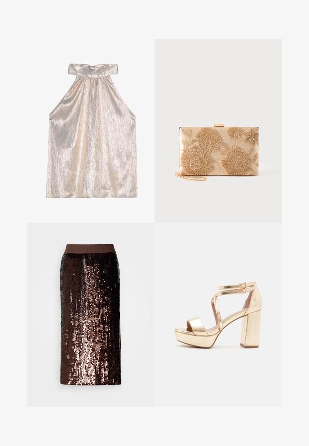Haut halter brillant en argent avec un large col, présentant un design texturé et plissé ainsi qu'une silhouette fluide. Le tissu doux reflète la lumière.; Jupe crayon marron foncé recouverte de paillettes brillantes avec une taille élastique unie marron, présentée sur un fond blanc.; Sandales plateformes métalliques dorées avec un talon bloc épais, bout ouvert et des sangles croisées à la cheville avec des accents de boucles. Texture lisse.; Pochette rectangulaire beige avec broderie florale dorée et une bandoulière chaîne dorée sur un fond uni.