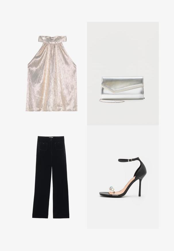 Haut halter brillant en argent avec un large col, présentant un design texturé et plissé ainsi qu'une silhouette fluide. Le tissu doux reflète la lumière.; Pantalons larges en velours noir avec deux poches arrière et une texture lisse, présentant une coupe droite et une finition ourlée aux chevilles.; Sandale à talons hauts noire avec une sangle transparente ornée de trois clous décoratifs et une sangle ajustable à la cheville, au design élégant et pointu.; Pochette argentée brillante avec rabat style enveloppe et garniture décorative, petite bandoulière chaîne argentée, sur fond clair uni.