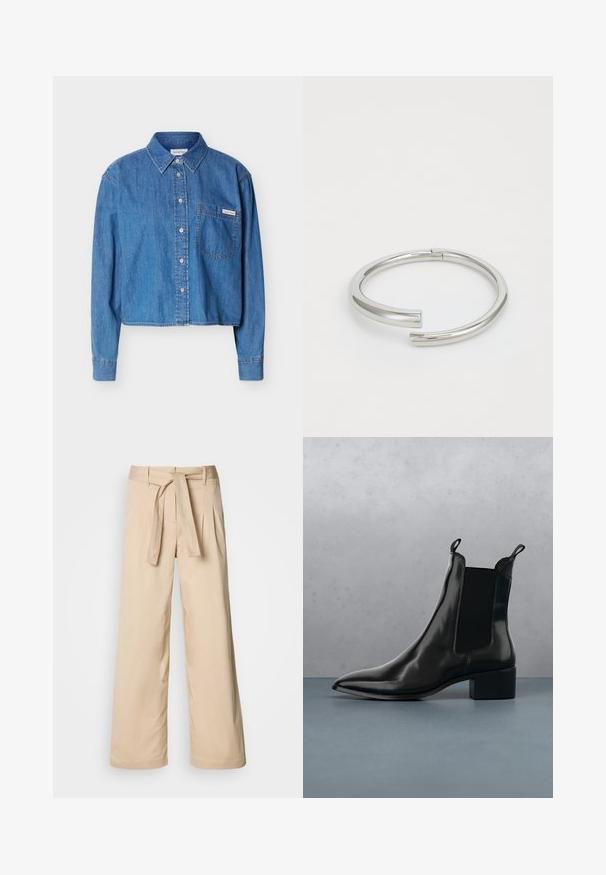 Blå denim skjorte med lange ærmer, knapper, krave og brystlomme med et lille Calvin Klein logo-tag.; Beige brede bukser med høj talje og bælte, med læg foran og en glat tekstur. Ingen lommer eller mønstre er synlige.; Sort læder Chelsea boot med spids tå, elastiske sidepaneler og en kraftig hæl, hvilende over en overflade med sten- og trædesign.; Calvin Klein SPIRAL - Armbånd - silver-coloured