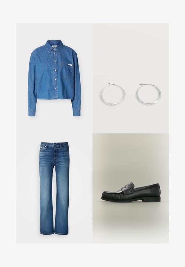 Blauw denim overhemd met lange mouwen, knoopsluiting, kraag en een borstzak met een klein Calvin Klein logo label.; Lichtblauwe, wijde jeans van denim; beschikt over een knoopsluiting, zijzakken en een subtiele vervagingspatroon op de stof.; Zwarte leren penny loafer met geplooid teen-detail en lage gestapelde hak, zijaanzicht tegen een neutrale achtergrond.; Zilverkleurige metalen creolen oorbellen met een glad, licht gebogen oppervlak en sluitingen met haaksluiting op een effen witte achtergrond.
