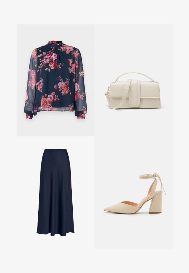 Bloem blouse met lange, doorzichtige mouwen; marineblauwe basis kleur met roze en oranje bloemen; hoge halslijn en geplooide manchetten bij de polsen.; Navyblauwe satijnen maxirok met een gladde textuur, hoge taille en vloeiende silhouet. Eindigt met een lichte curve aan de zoom.; Beige hoge hak schoen met een puntige neus, enkelriempje en een brede blokhak. Glad synthetisch materiaal met een matte afwerking.; Crème-kleurige leren handtas met een rechthoekige vorm, platte handgreep en afneembare schouderband; heeft een voorklep met een magnetische sluiting.