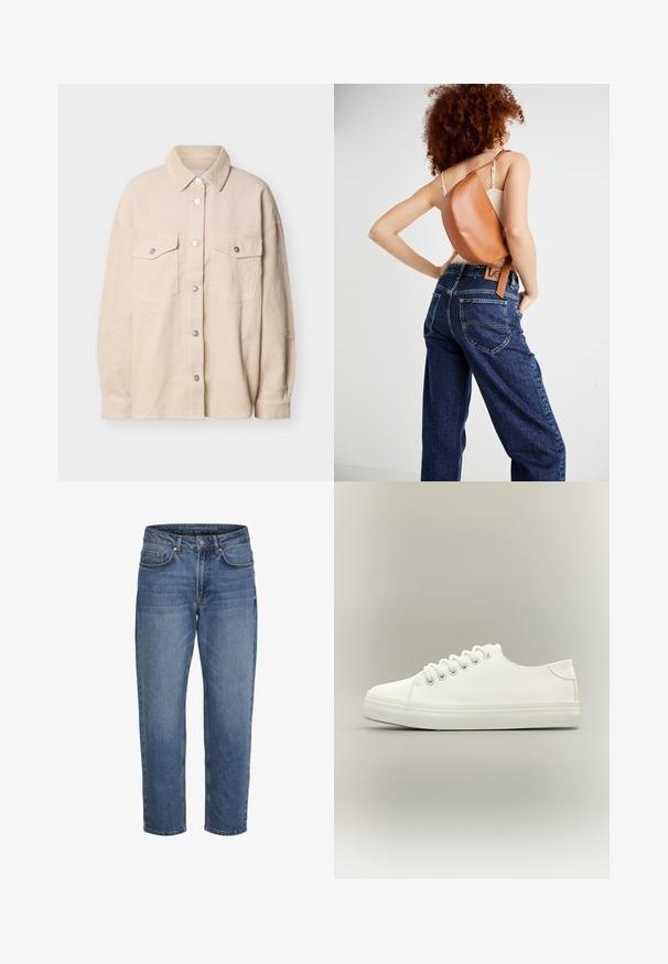 Beige kordfløjls skjorte med knapper foran, to lommer med klapper på brystet og lange ærmer, vist på en hvid baggrund.; Blå denim jeans med lige ben, forfra lukning med knap og lynlås samt lommer foran og bagpå, vist mod en hvid baggrund.; Hvid lavtop sneaker med hvide snørebånd og gummisål vist fra siden på en neutral baggrund.; Brun læder rygsæk med et unikt buet design. Båret diagonalt, parret med højlivet blå denimjeans med gul syning.