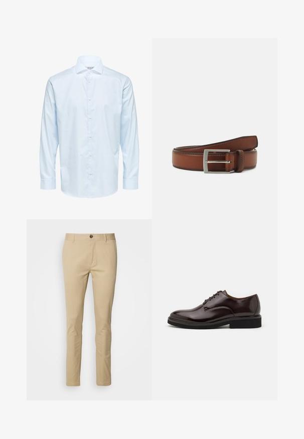 Lichtblauw herenoverhemd met lange mouwen, knopen aan de voorkant en een klassieke kraag, weergegeven op een witte achtergrond.; Beige chinos met een slim fit, gemaakt van katoen. Kenmerken zijn een knoopsluiting, riemlussen en subtiele stiksels op de zakken.; Bruine leren Oxford schoen met een glanzende afwerking, ronde neus, vetersluiting en een stevige zwarte rubberen zool. Naaddetails op de bovenkant.; Bruine leren riem met een zilveren rechthoekige gesp, met subtiele stikdetails en een gladde textuur.