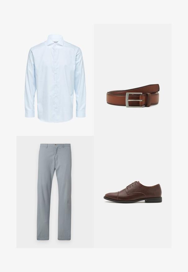 Chemise habillée pour homme à manches longues bleu clair avec des boutons sur le devant et un col classique, présentée sur fond blanc.; Pantalon gris clair en tissu mélangé coton. Présente une coupe droite, une fermeture à bouton à l'avant et une texture lisse.; Chaussure habillée en cuir marron à lacets avec un bout arrondi élégant, des détails de couture subtils et un petit talon en caoutchouc noir.; Ceinture en cuir brun avec une boucle rectangulaire en argent, présentant des détails de couture subtils et une texture lisse.