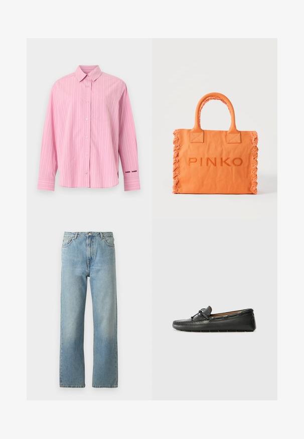 Rosa langärmeliges Hemd mit dünnen vertikalen Streifen, klassischem Kragen, Brusttasche und eingesticktem Text in der Nähe der linken Manschette.; Hellblaue Denim-Jeans mit geradem Bein, ausgestattet mit einem Fünf-Taschen-Stil und einem Knopfverschluss am Bund.; Schwarze Lederbootsschuhe mit rundem Zehenbereich, gestickten Details, kleinem Schleifenakzent und Gummisohle. Glatte Textur und schlankes Design.; Orangene Stofftragetasche mit ausgefransten Kanten und Griffen, vorne mit "PINKO" bestickt.