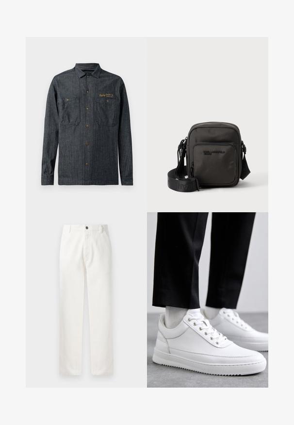 Donker denim overhemd met verticale strepen, twee borstzakken en een gouden geborduurd logo aan de linkerkant. Metalen drukknoopsluiting.; Witte katoenen broeken met een rechte pasvorm, voorzakken, een metalen knoopsluiting en subtiele stiksels langs de naden.; Witte leren sneakers met een platte rubberen zool, met een soepele afwerking, ronde neus en metalen oogjes voor de veters. Draag ze met een zwarte broek.; Kleine zwarte schoudertas met voorvak met rits en verstelbare schouderriem op een effen lichte achtergrond.